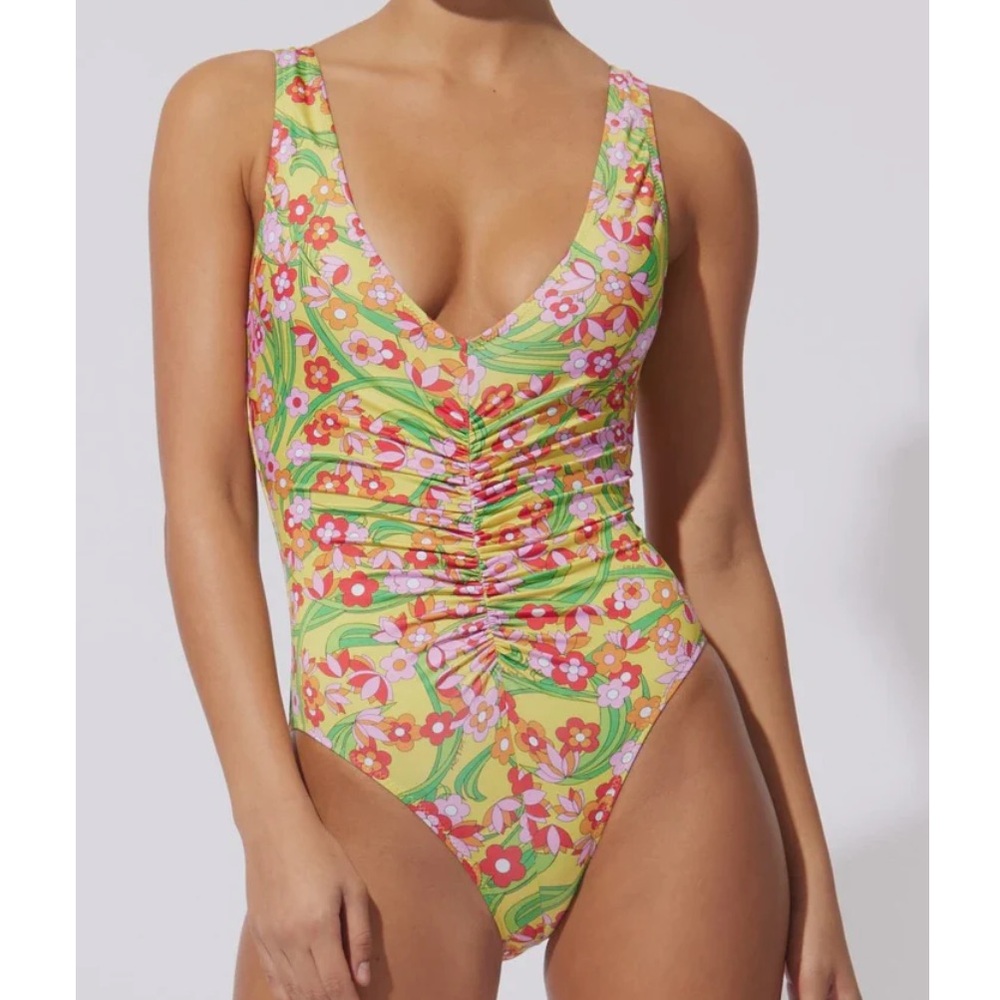 Solid and Striped Ruched Floral One Piece